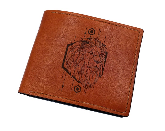 Lion Leather Wallet, Custom Engraved Geometric Bifold, Gift for Him