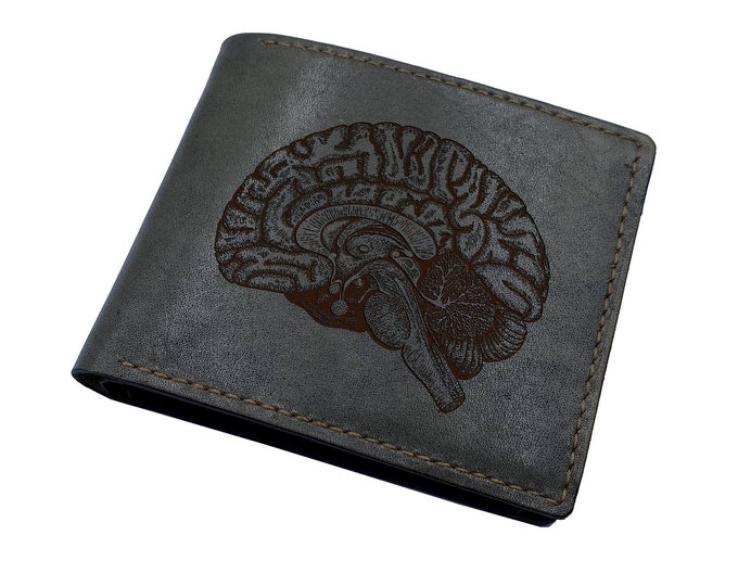 Engraved Leather Wallet, Human Brain Drawing, Custom Gift