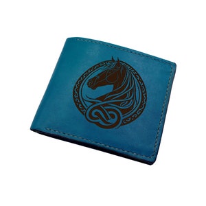 Cartera de cuero de caballo para hombre, hecha a mano, con nombre personalizado grabado, regalo de arte de caballo, regalo de aniversario de cuero para papá.