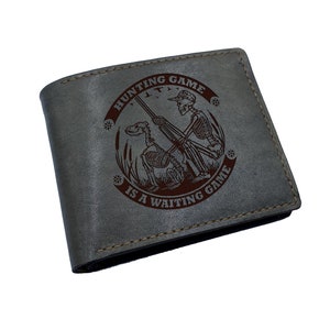 Hunting style leather men&#39;s wallet, hunting season gift ideas for men, custom engrave wallet for dad, christmas birthday gift for boyfriend