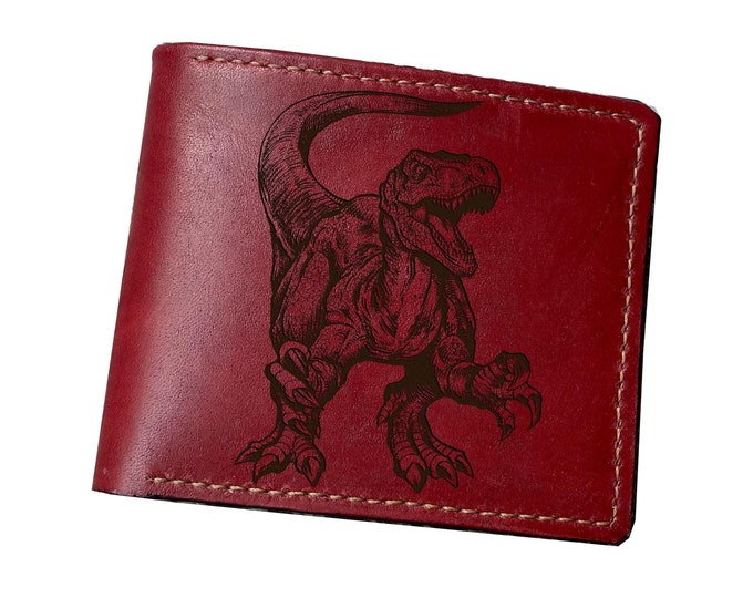 Engraved Velociraptor Leather Wallet: Handmade Dinosaur Gift