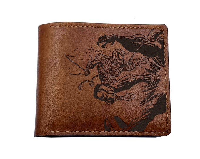 Spiderman Leather Wallet, Engraved Superheroes Art