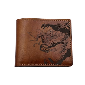Cartera de cuero de Spiderman para hombre, ideas de regalos de cuero personalizados para él, billetera de arte de superhéroes, billetera de Peter Parker Avengers, regalo para él