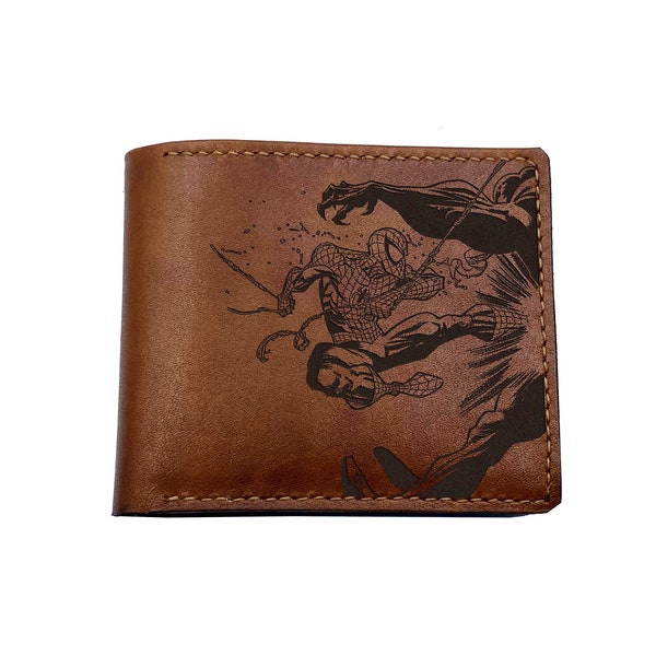 Spiderman leather men's wallet, customized leather gift ideas for him, superheroes art wallet, Peter Parker avenger wallet, gift for him