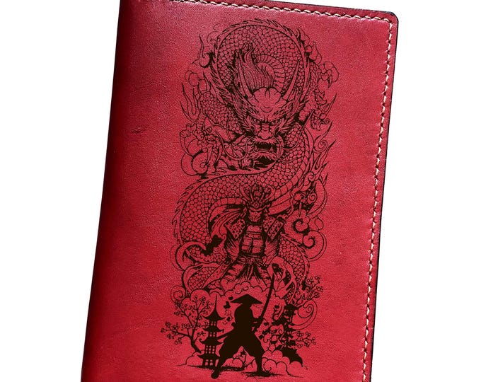 Dragon leather bifold wallet, Japan samurai passport wallet, personalized travel gift for family