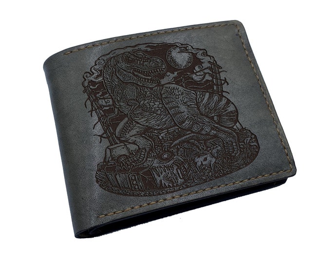 Engraved Tyrannosaurus Leather Wallet: Custom Jurassic Gift