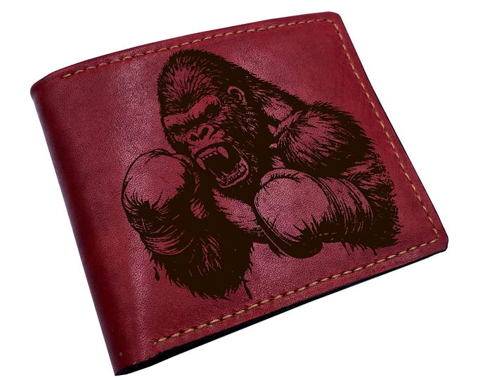 Gorilla boxer handmade wallet, custom genuine leather gifts, fun wallet for boyfriend, husband