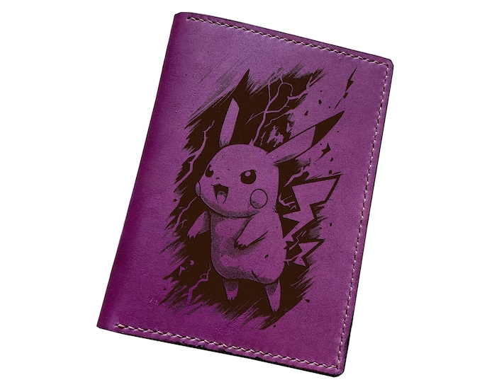 Pikachu Engraved Leather Passport Wallet, Custom Pokemon Gift