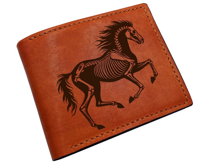 Horse skeleton leather handmade wallet, custom horse pattern wallet, gift for dad - 280426