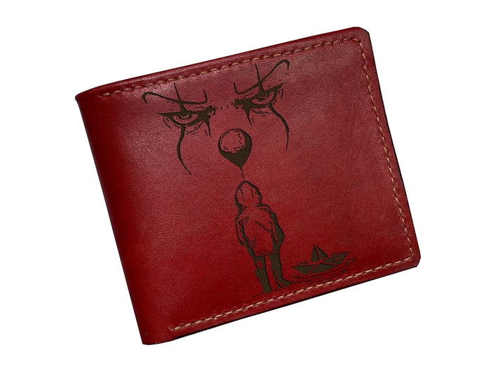 Pennywise IT Clown Leather Wallet, Engraved Horror Gift
