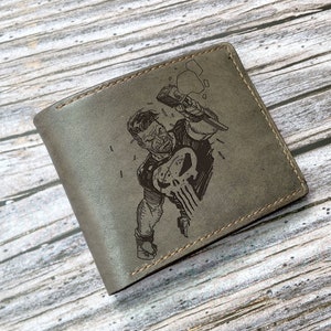 The Punisher hero leather wallet, superheroes men&#39;s wallet, cool birthday present for boyfriend, gift for dad, antihero present for friend