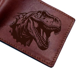 Cartera plegable de cuero con grabado de dinosaurio, cartera personalizada de T-rex, cartera de dinosaurio para niños, idea de regalo de cuero para novios, regalo para amantes de los dinosaurios