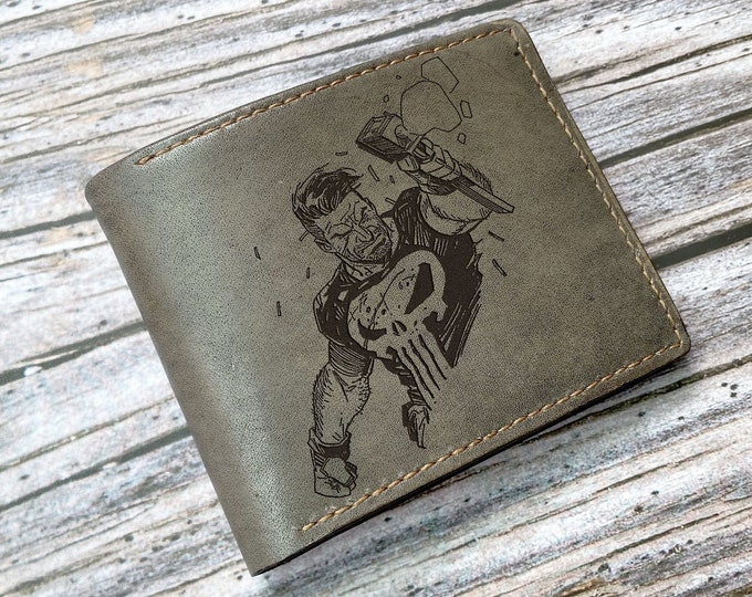 Engraved Punisher Leather Wallet, Superheroes Gift