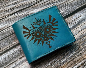 Majora's Mask pattern engraving wallet, Legend of Zelda leather wallet, birthday gift ideas for boyfriend, husband, custom wallet for gamer