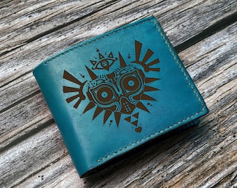 Majora&#39;s Mask pattern engraving wallet, Legend of Zelda leather wallet, birthday gift ideas for boyfriend, husband, custom wallet for gamer