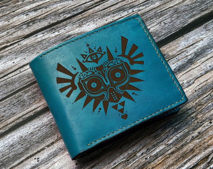 Majora's Mask Engraved Leather Wallet, Legend of Zelda, Custom Gamer Gift