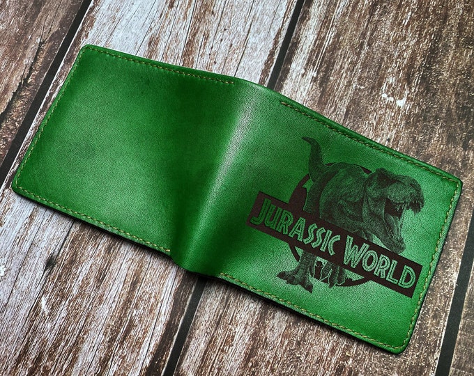 Personalized Jurassic T-Rex Leather Wallet, Dinosaur Art Gift