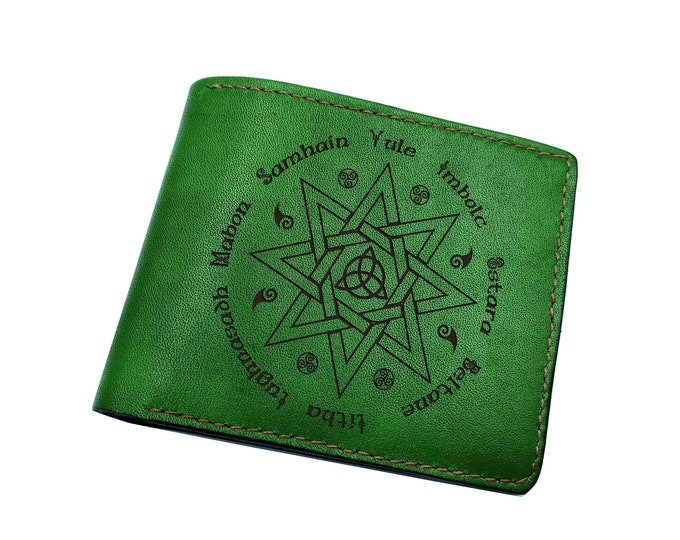 Wheel of the Year Leather Wallet, Wiccan Calendar, Personalized Gift