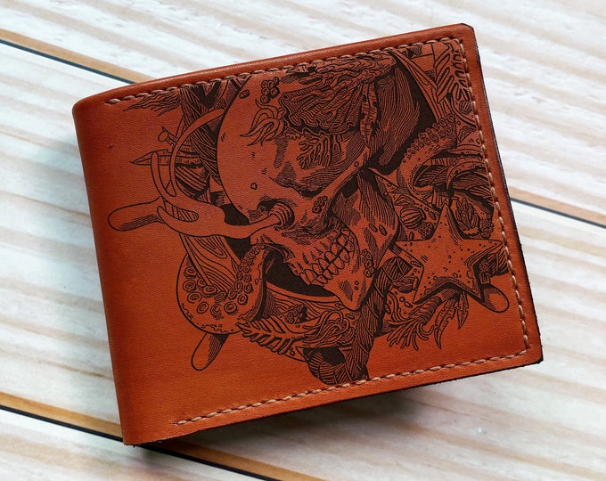Skull Sailor Genuine Leather Men's Wallet: Custom Engraved Gift