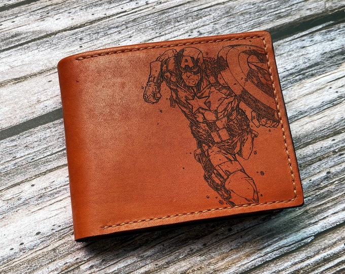 Captain America Engraved Leather Wallet, Custom Superheroes Gift