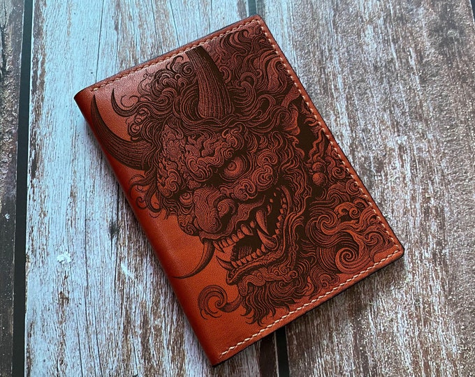 Engraved Leather Travel Wallet, Hannya Devil Japanese Art, Custom Gift
