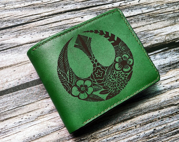 Custom Engraved Leather Wallet, Jedi Floral Logo, Star Wars Gift