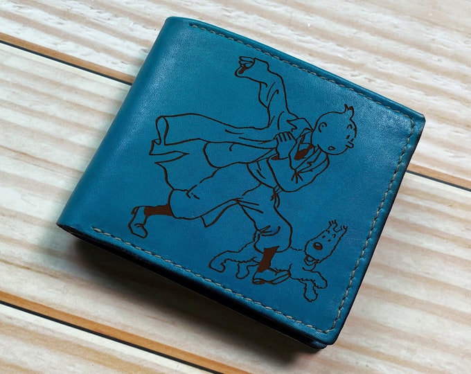 Handmade Tintin Leather Wallet, Custom Engraved Gift for Him