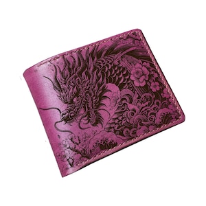 Cartera de cuero para hombre con diseño de dragón oriental, cartera con dragón japonés, ideas de regalo de dragón personalizadas, regalo de aniversario de cuero para él