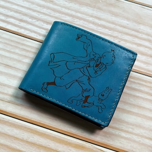 Cartera de cuero hecha a mano para hombre de los detectives de Las aventuras de Tintín, regalo personalizado para hombre, ideas de regalo de cuero para aniversario de Navidad para papá, esposo