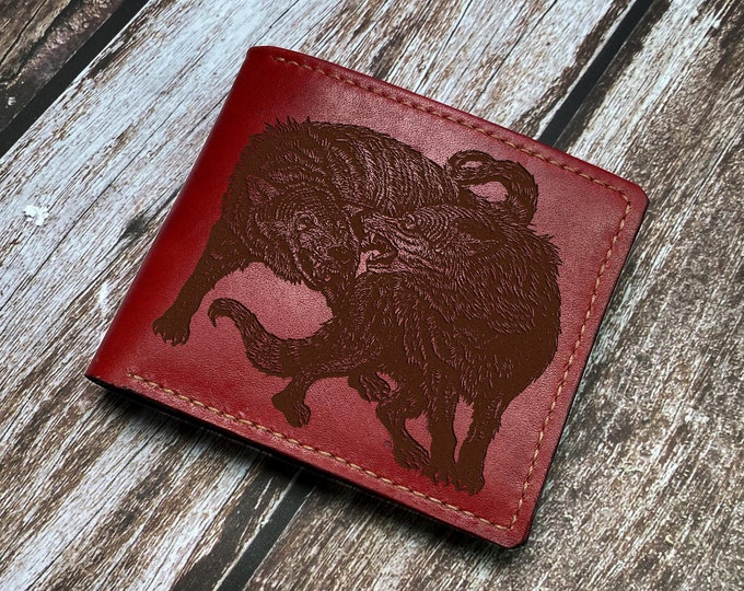 Wolf Pack Drawing Leather Wallet: Custom Engraved Gift