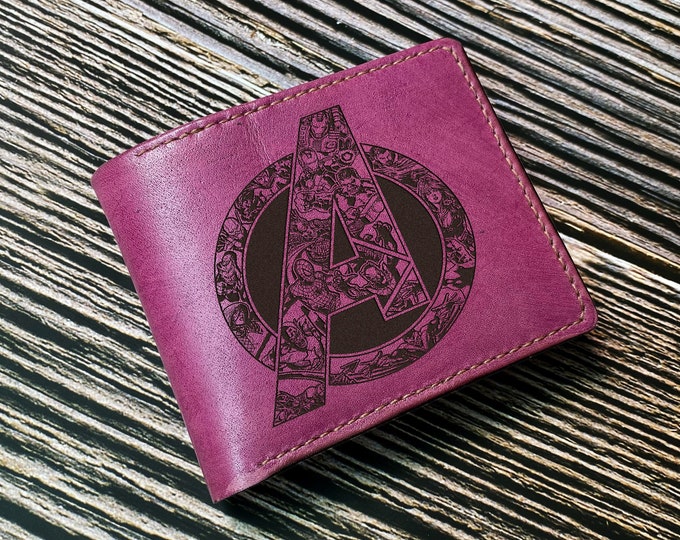 Engraved Avenger Logo Leather Bifold Wallet: Superhero Gift