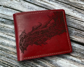 Alduin Skyrim leather handmade wallet, custom engrave leather wallet for boyfriend, valentines gift ideas for him, gift for dad, Dragon King