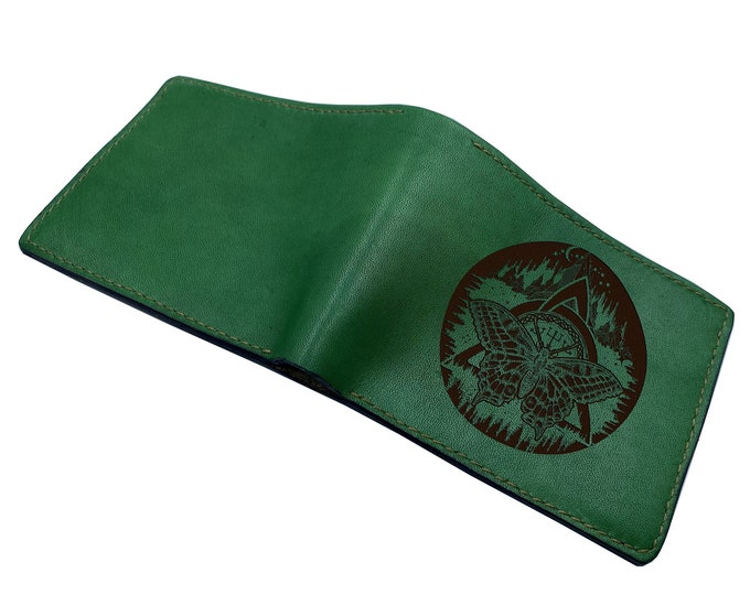 Butterfly Leather Bifold Wallet, Custom Engraved Cowhide, Gift for Him