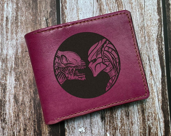 Predator Alien Leather Wallet, Custom Engraved Gift