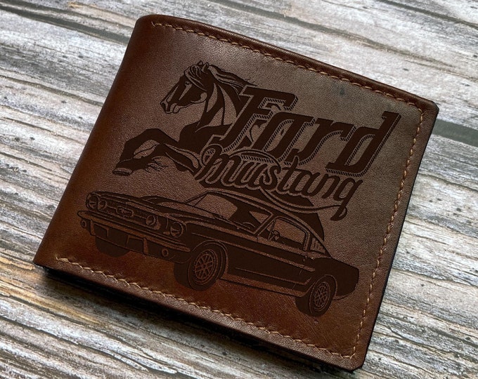 Handcrafted Leather Mustang Wallet: Custom Engraved Automotive Gift
