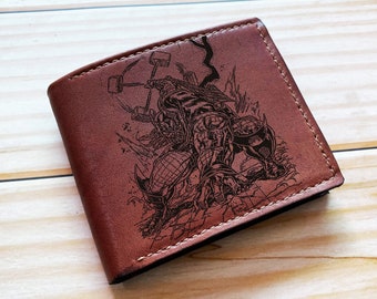 Thor thunder God engraved art wallet, Celtic ancient God present, Celtic viking style men's wallet, leather gift ideas for dad, husband