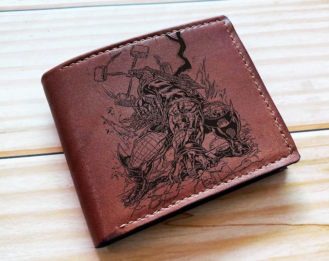 Engraved Leather Wallet: Thor, Celtic Viking Art Gift