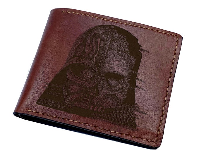 Personalized Star Wars Leather Wallet, Darth Vader Helmet Art