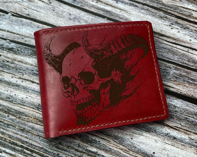 Engraved Satan Skull Leather Wallet: Customized Horror Gift