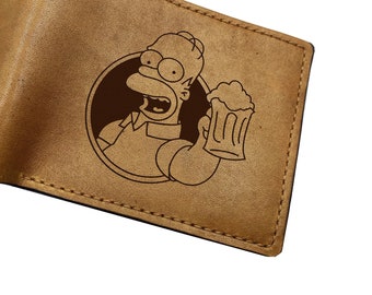 Cartera de cuero hecha a mano de Homer Simpson, cartera divertida de Simpson, cartera con nombre personalizado grabado para hombres, cartera para papá, los hombres Simpson presentan