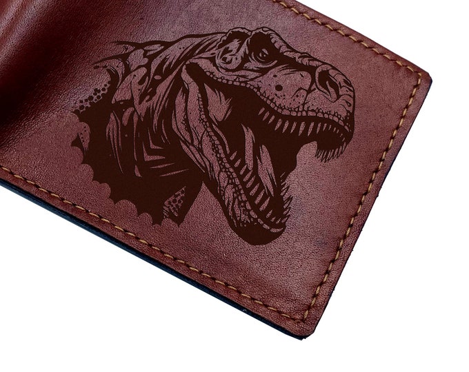 Engraved Dinosaur Leather Bifold Wallet: Customized T-Rex Design