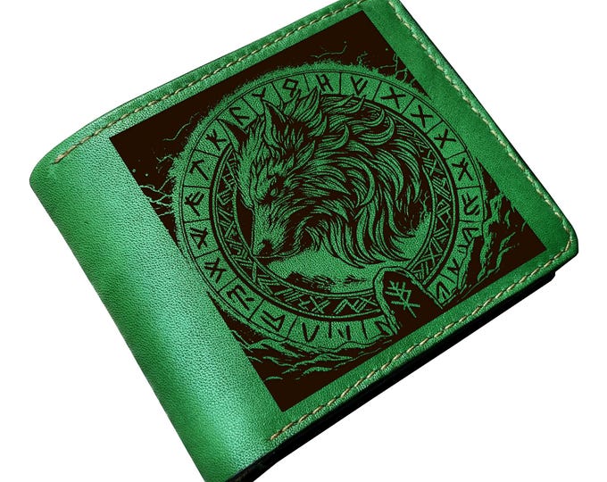 Wolf Celtic leather bifold wallet, classic wallet for dad, customized wolf men present