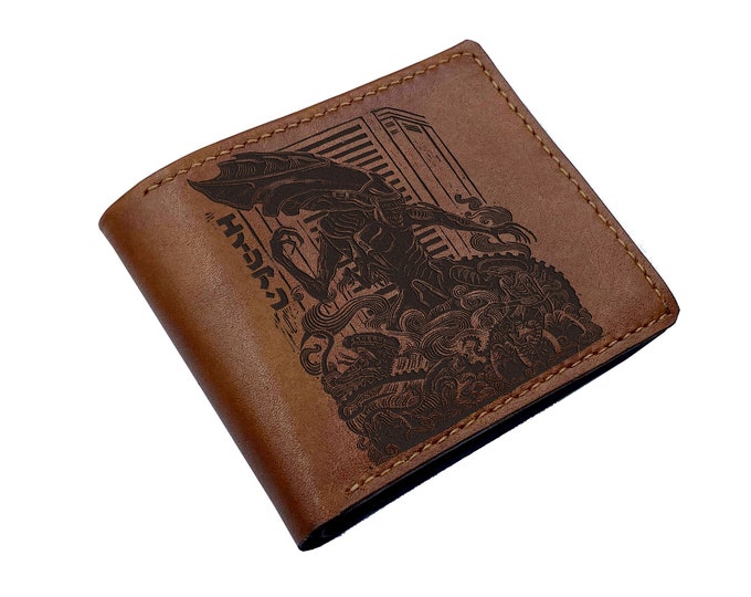 Xenomorph Leather Wallet: Linocut Alien Art, Custom Engraved