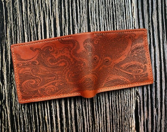 Octopus kraken leather men's wallet, custom wallet for men, octopus engrave present, ocean sea monster present for boyfriend, husband