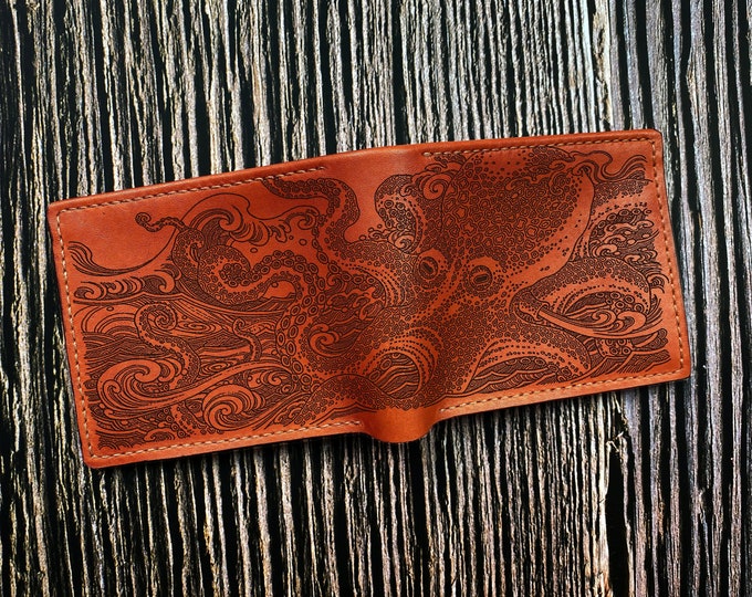 Engraved Octopus Leather Wallet: Kraken Sea Monster Gift