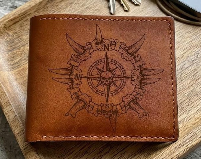 Bone skeleton compass genuine leather handmade wallet - 300626