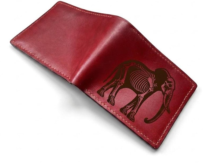 Elephant skeleton genuine leather wallet, personalized Africa animals gift ideas for him - 290426