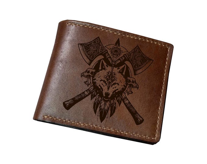 Viking hammer engrave handmade wallet, personalized genuine leather gift, bifold warrior gift for him