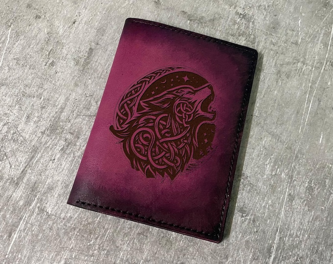 Celtic Wolf Leather Passport Wallet: Full Grain, Custom Engraved