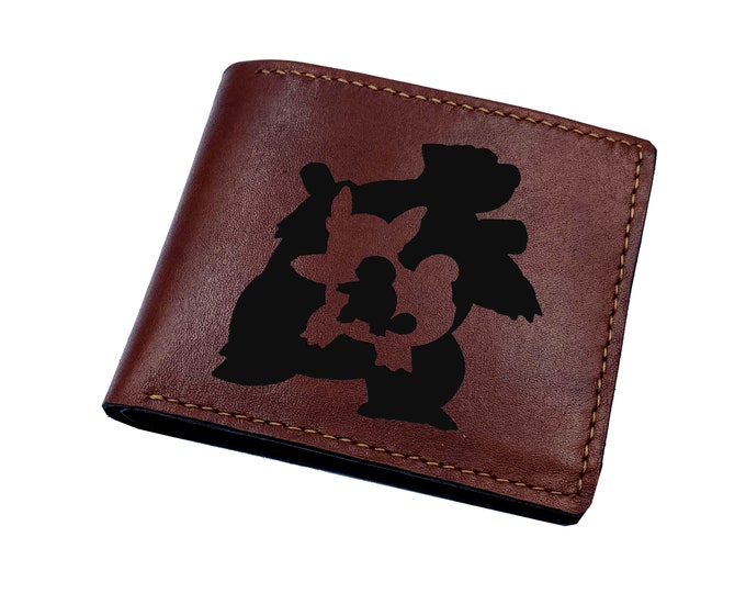 Squirtle evolution leather men's wallet, bifold pokemon wallet, Wartortle Blastoise leather gift, personalized valentine present for him